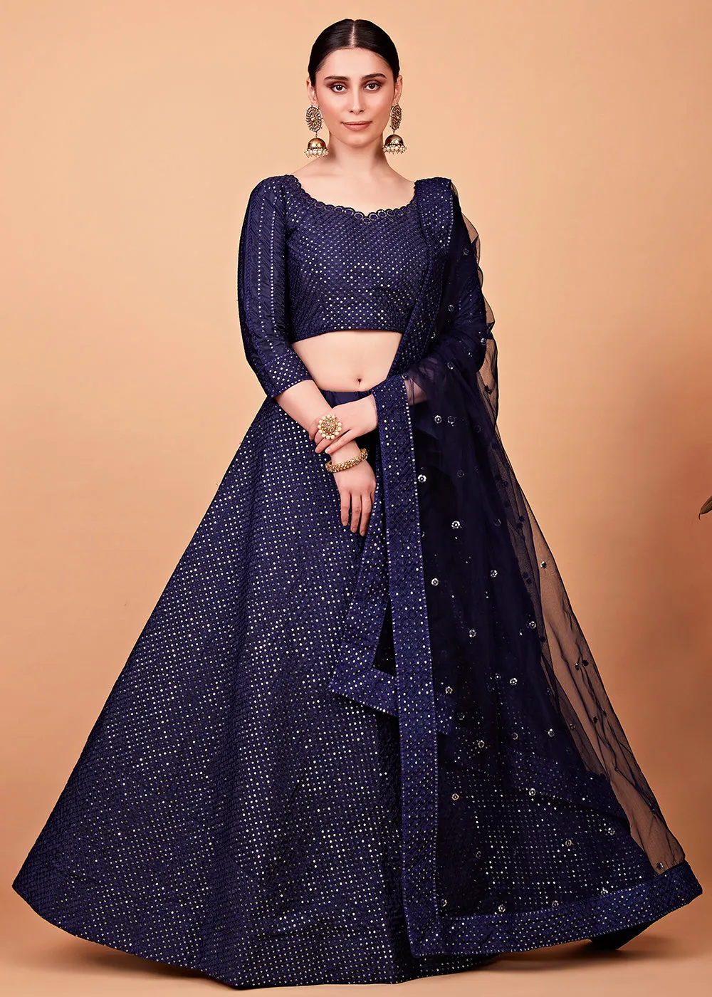 Dazzling Navy Blue Multi Thread & Sequins Party Wear Lehenga