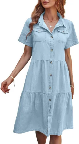 ebossy Women's Casual Short Sleeved Denim Shirt Dress Turn Down Collar Button Up Knee Length Tiered Jean Dress