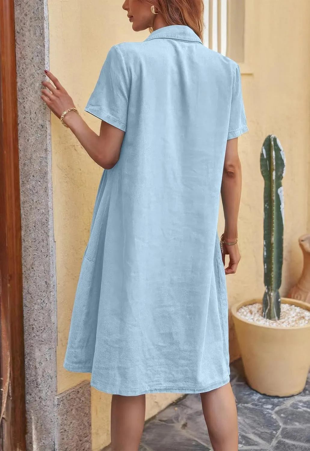 ebossy Women's Casual Short Sleeved Denim Shirt Dress Turn Down Collar Button Up Knee Length Tiered Jean Dress