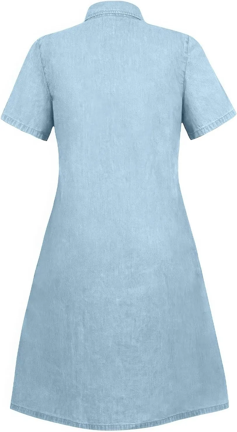 ebossy Women's Casual Short Sleeved Denim Shirt Dress Turn Down Collar Button Up Knee Length Tiered Jean Dress