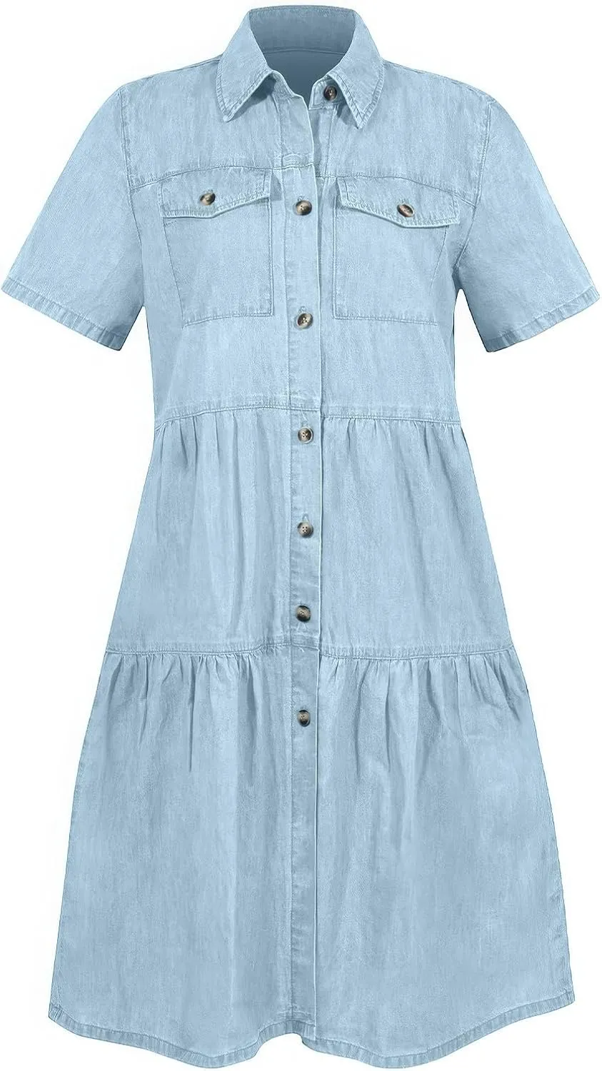 ebossy Women's Casual Short Sleeved Denim Shirt Dress Turn Down Collar Button Up Knee Length Tiered Jean Dress