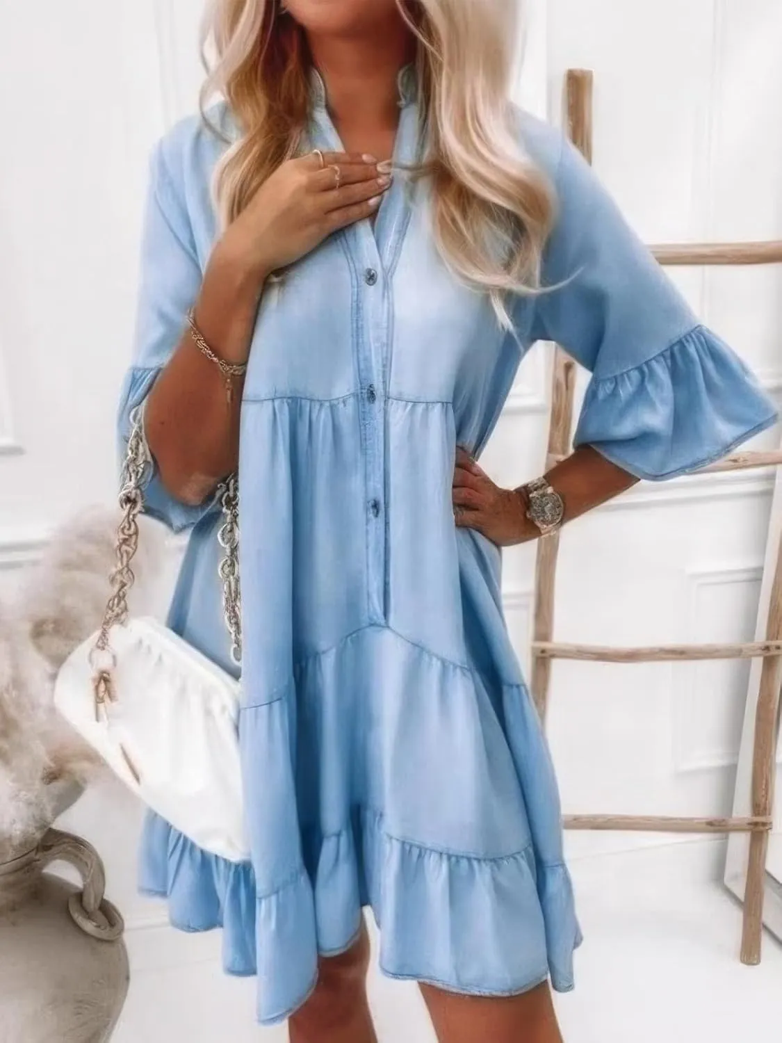 ebossy Women's Summer Casual 3/4 Sleeve Ruffle Jean Dress Tiered Flowy Button Down Shirt Dress 2025 Trendy Outftis
