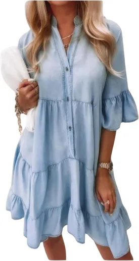 ebossy Women's Summer Casual 3/4 Sleeve Ruffle Jean Dress Tiered Flowy Button Down Shirt Dress 2025 Trendy Outftis