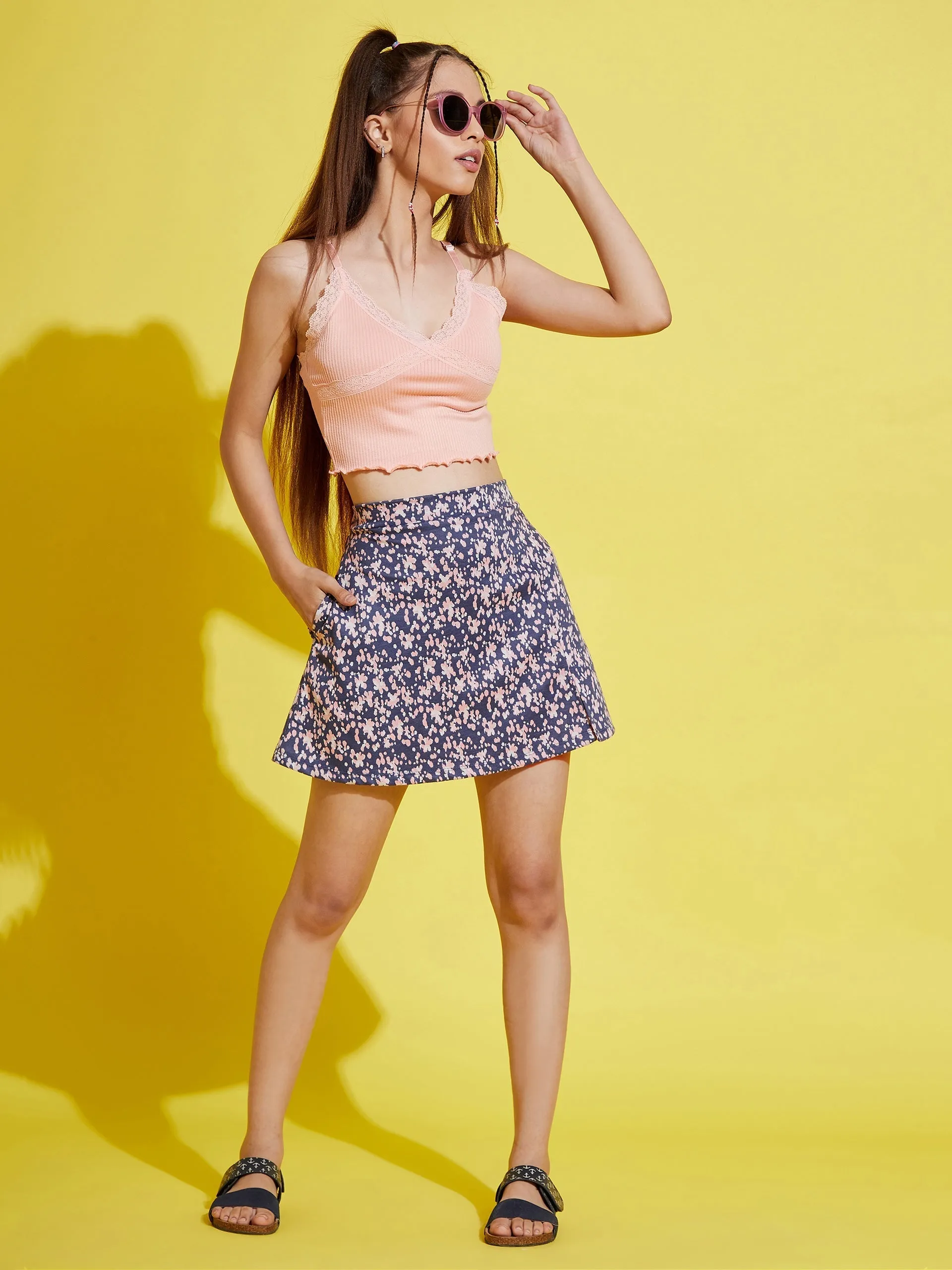 Girls Blue Floral Print A-Line Skirt