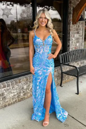 Glitter Light Blue V Neck Sequins Lace Prom Dresses with Slit VK24011205
