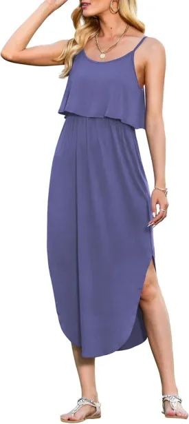 LILBETTER Women's Adjustable Strappy Split Summer Beach Casual Midi Dress