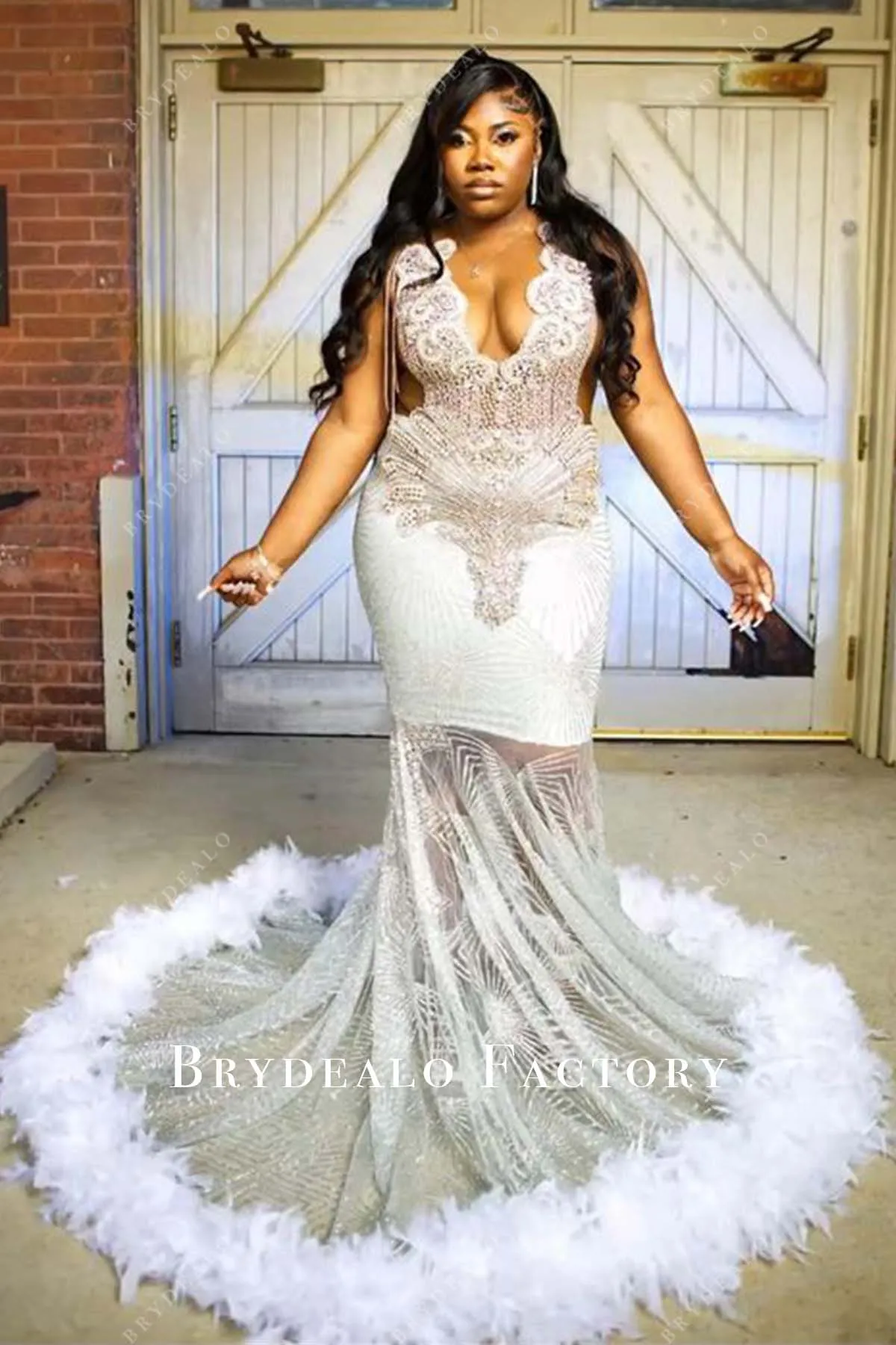 Plus Size Rhinestone Plunging Neck Glitter Feather Mermaid Prom Dress