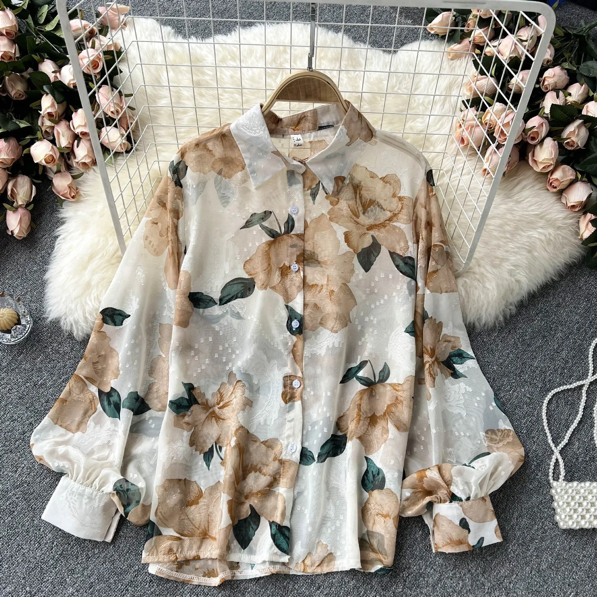Pre Order:  Loose Lantern Sleeve Oil Painting Chiffon Blouse