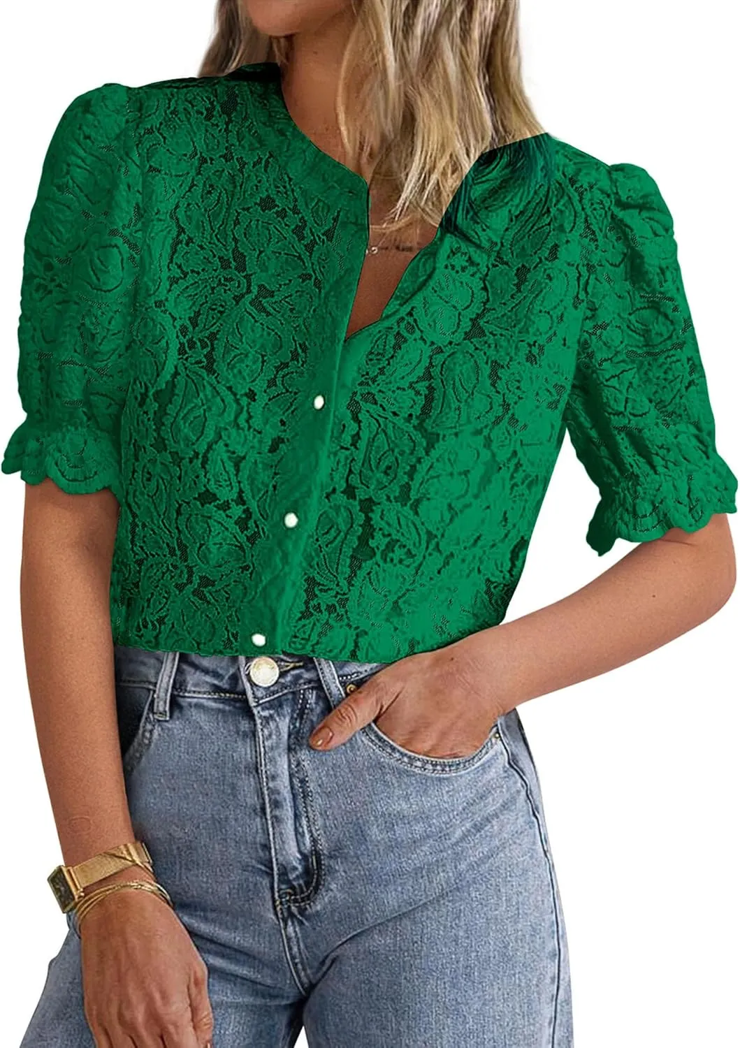 PRETTYGARDEN Womens 2025 Spring Lace Tops Short Puff Sleeve Casual Dressy Blouses Eyelet Crew Neck Button Down Shirts