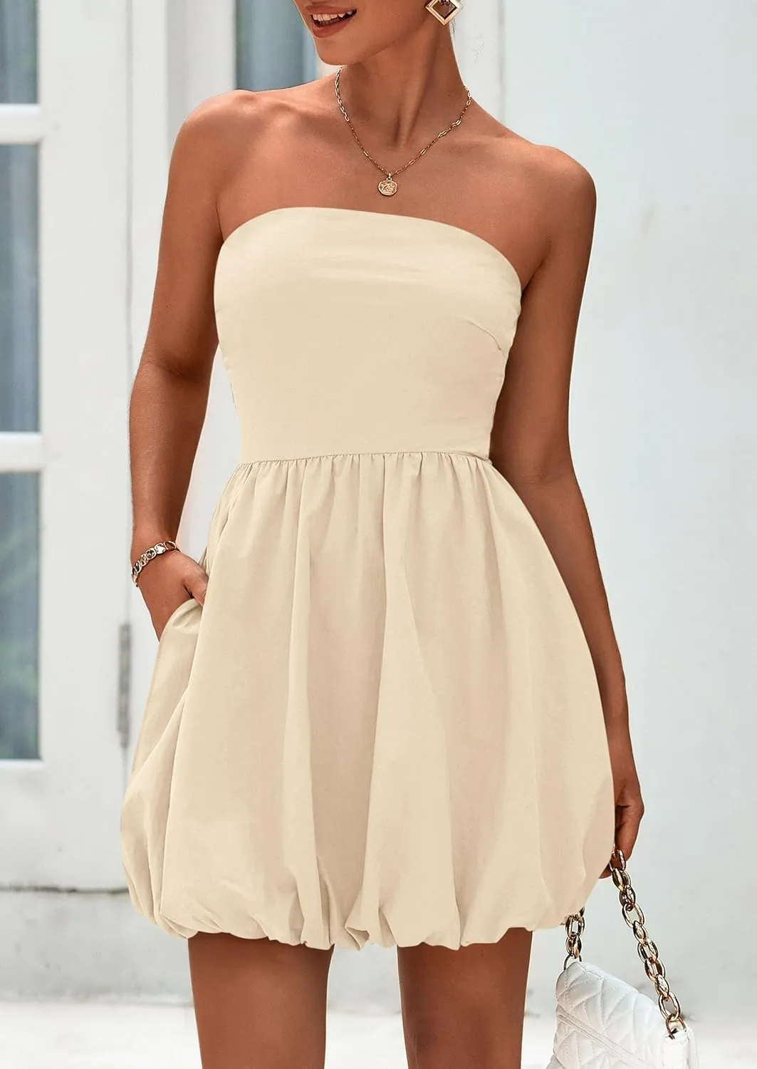 PRETTYGARDEN Women's Bubble Mini Short Dress 2025 Summer Casual A Line Strapless Tube Top Sundress Trendy Smocked Dresses