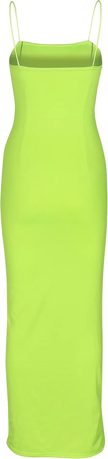 PRIMODA Women's Spaghetti Strap Bodycon Maxi Dress Long Formal Thigh-high Slit Club Wedding Guest Dress