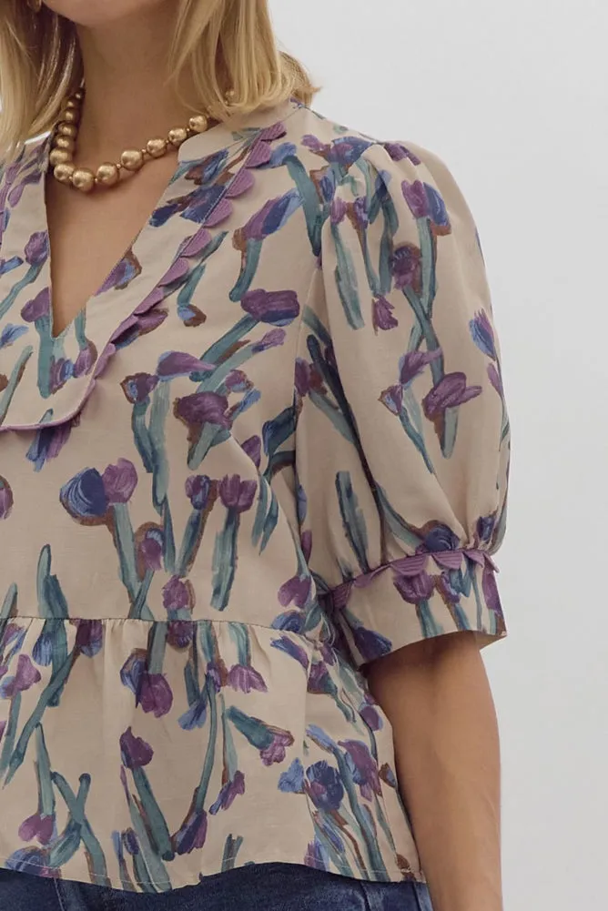 Printed SS V Neck Blouse in Ecru by Entro