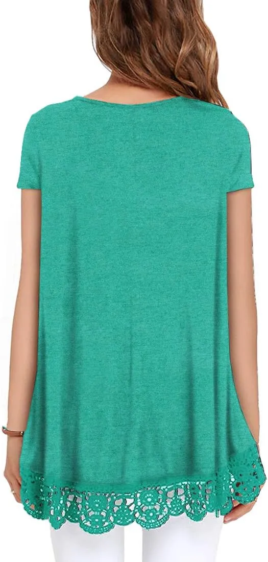 QIXING Women Tops Lace Trim O Neck A Line Tunic Blouse