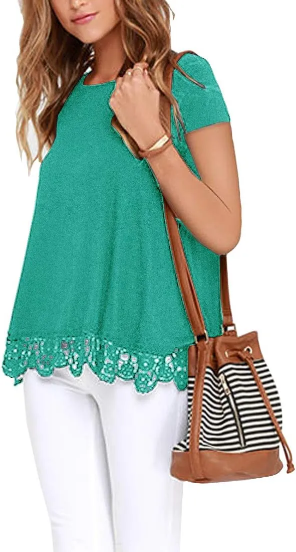QIXING Women Tops Lace Trim O Neck A Line Tunic Blouse