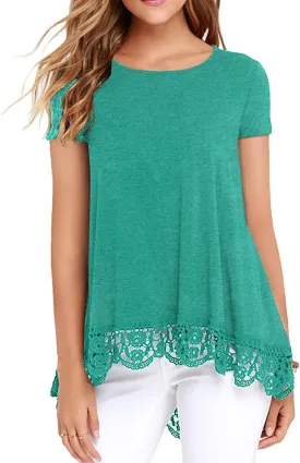 QIXING Women Tops Lace Trim O Neck A Line Tunic Blouse