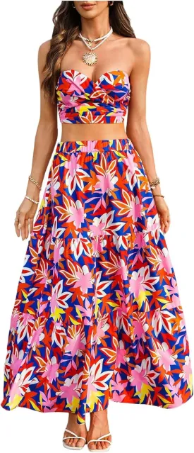 SOLY HUX Women's Summer Boho 2 Piece Vacation Outfits Floral Print Tropical Tube Top and Maxi Skirt Set Blue Floral XL