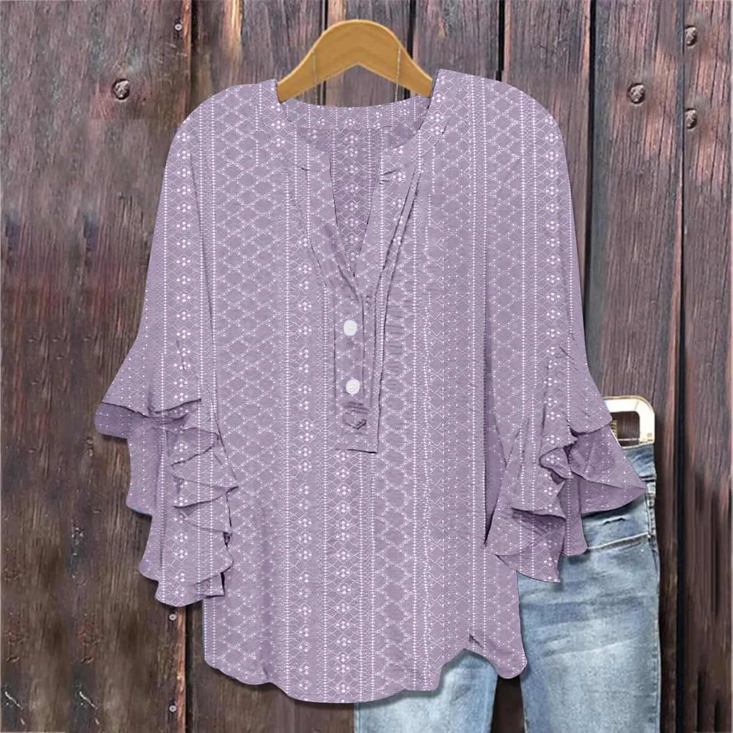 Summer Tops for Women Ruffle 3/4 Sleeve Shirts Boho Button Down Henley Tshirt Loose Floral Print Dressy Tunic Blouse