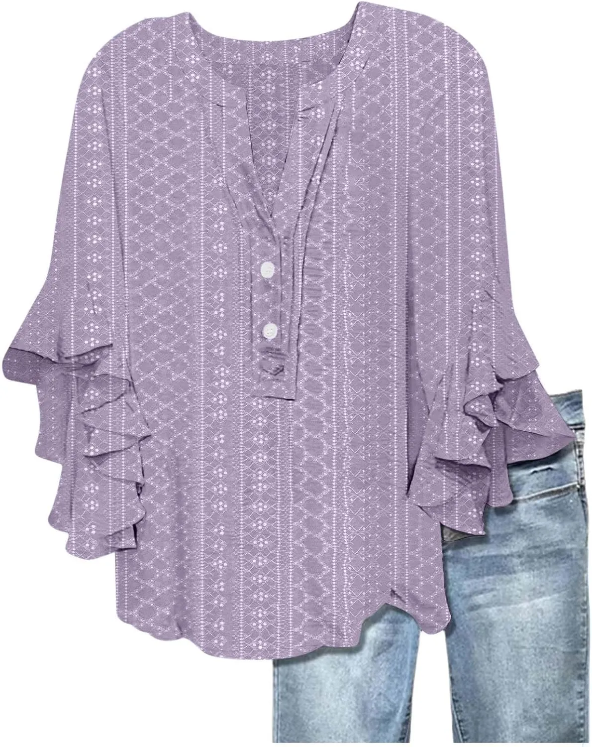 Summer Tops for Women Ruffle 3/4 Sleeve Shirts Boho Button Down Henley Tshirt Loose Floral Print Dressy Tunic Blouse