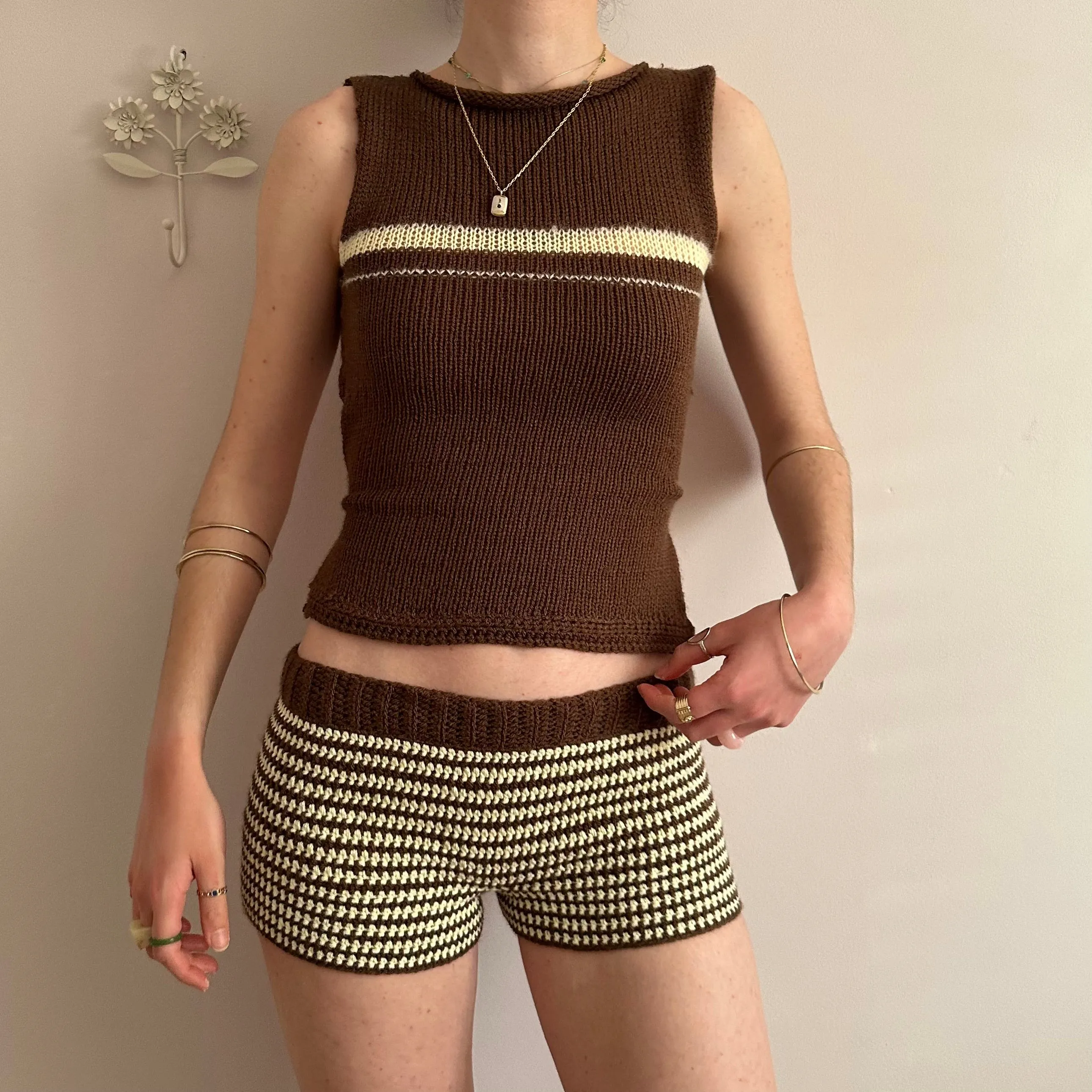 The Sienna Set - matching striped crochet shorts and bow tie up knit vest top