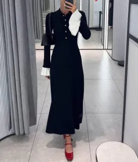 Turtleneck Sweater Maxi Dress for Women Black&White Ribbed Knit Dresses Long Sleeve Button Slim Fit Knitted Dress Long
