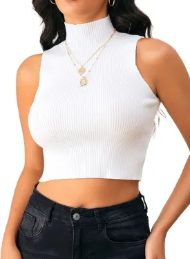 Verdusa Women's Sleeveless High Mock Neck Ribbed Fitted Solid Crop Tank Top