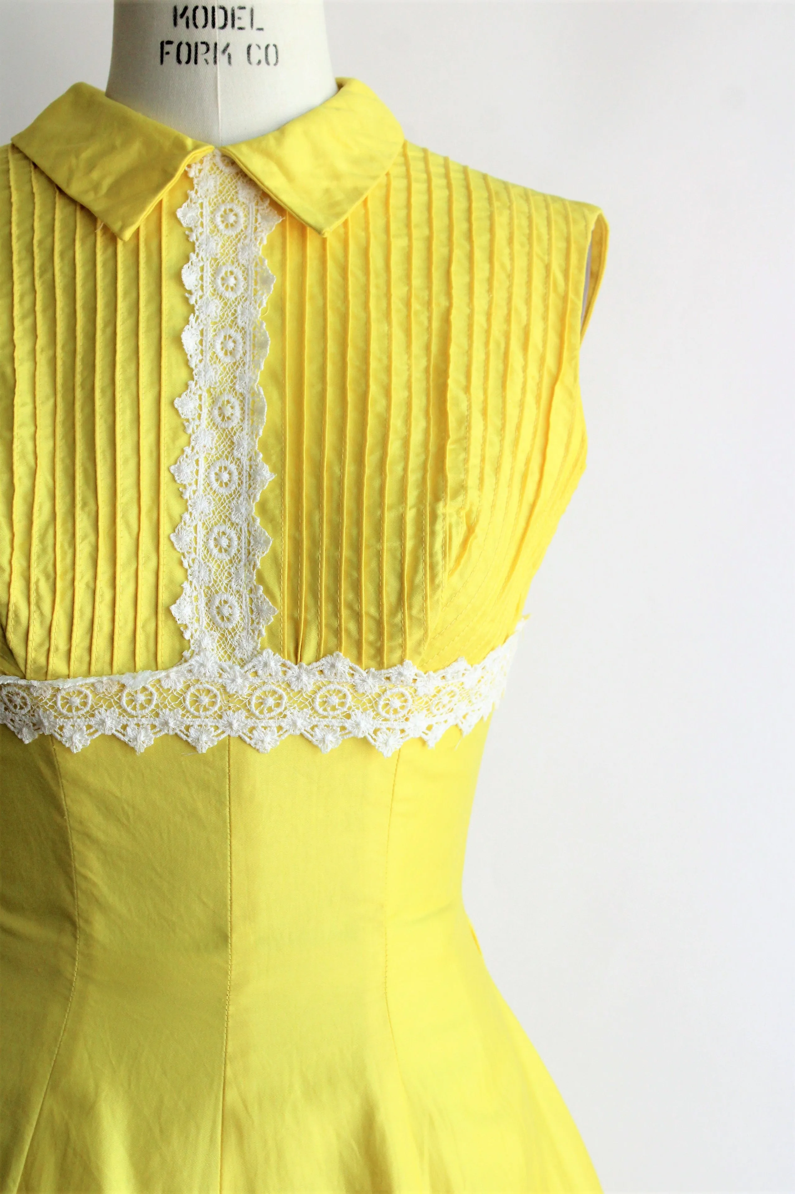 Vintage 1960s Yellow Cotton Dress with White Lace Trim by Teena Paige