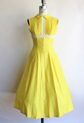 Vintage 1960s Yellow Cotton Dress with White Lace Trim by Teena Paige
