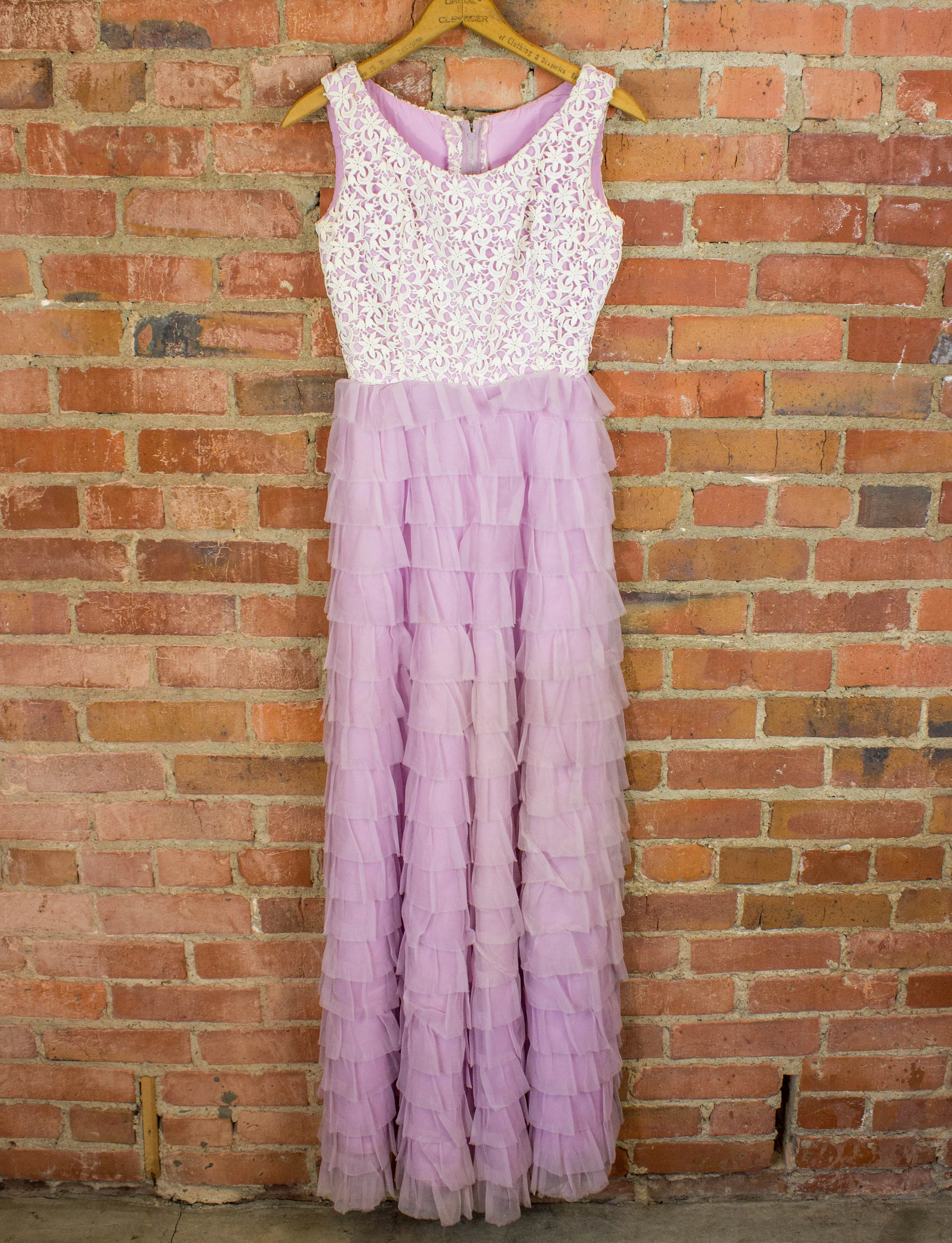Vintage 60s Sleeveless Lavender Lace Ruffled Bellbottom Jumpsuit by Nadine Small