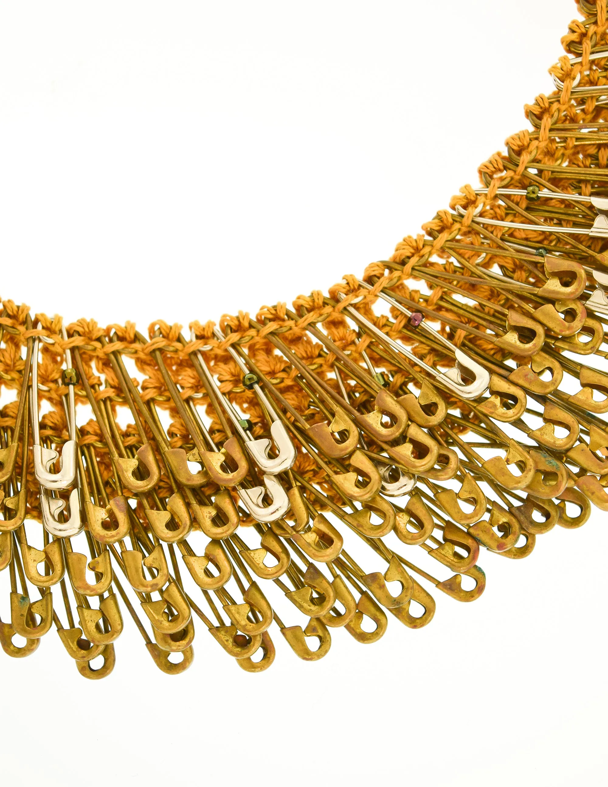 Vintage Brass Silver and Gold Safety Pin Knit Collar Necklace