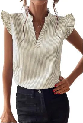 WDIRARA Women's Striped Ruffle Cap Sleeve Notched V Neck Blouse Top Shirt