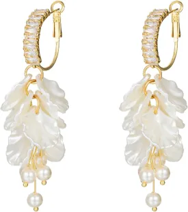 White Pearl Petal Flower Hoop Dangling Earrings for Women,Long Sparkly CZ Cubic Lightweight Women Jewelry Flower Floral Earrings for Wedding Party Bride Bridesmaid