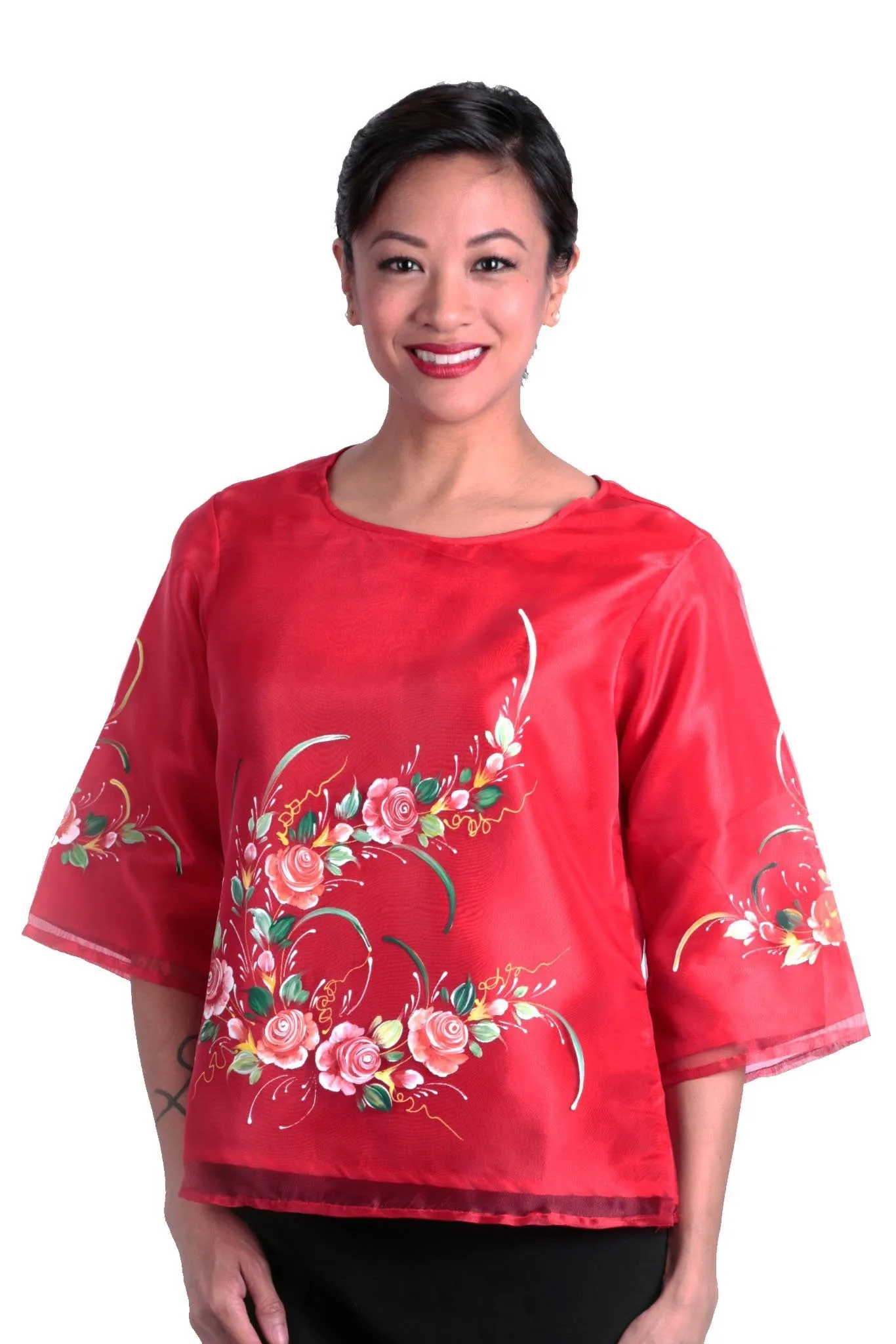 WK18 - Round Neck Kimona Red - Filipiniana