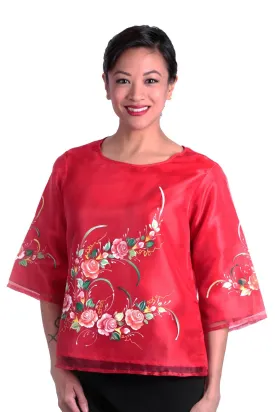 WK18 - Round Neck Kimona Red - Filipiniana