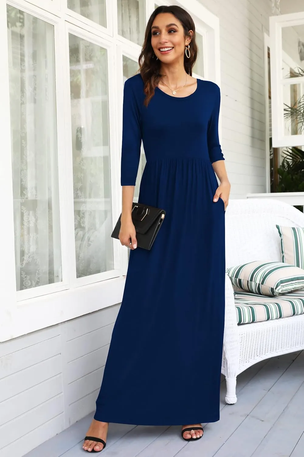 WNEEDU Women's 3/4 Sleeve Casual Loose Long Maxi Dresses with Pocket