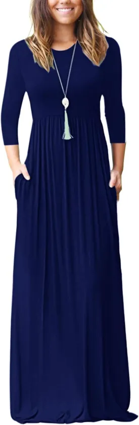 WNEEDU Women's 3/4 Sleeve Casual Loose Long Maxi Dresses with Pocket