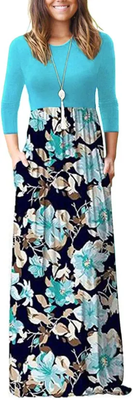 WNEEDU Women's 3/4 Sleeve Casual Loose Long Maxi Dresses with Pocket