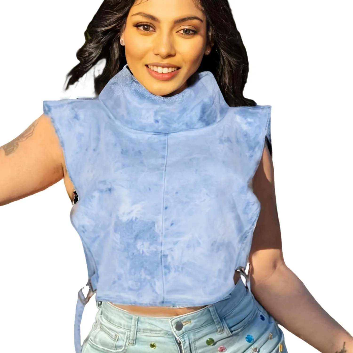 Women 2023 Summer Fashion Causal Distressed Denim Vest Lace Up Crop Tops Relax Fit Light Jean Vest Jacket