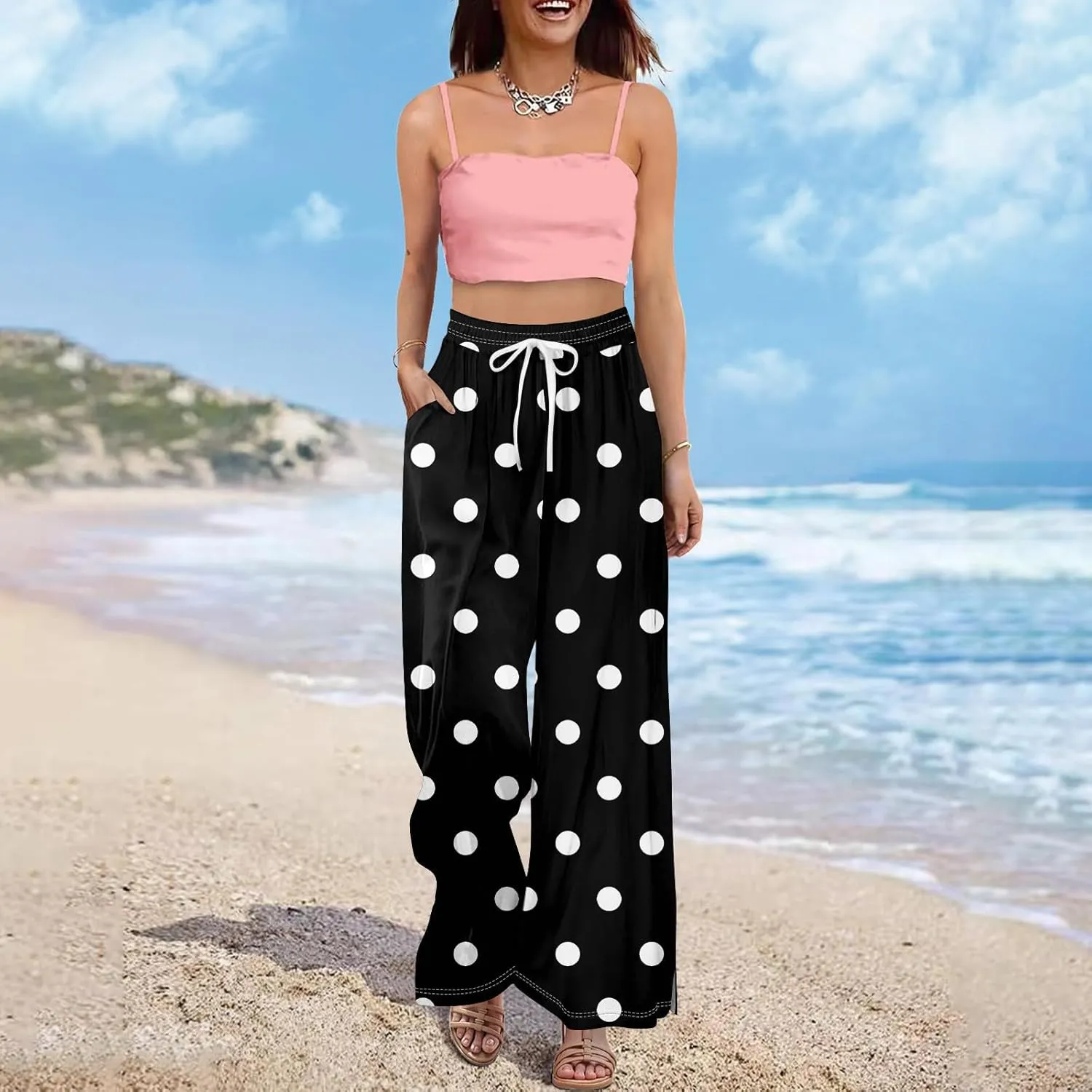 Women Casual High Waist Wide Leg Floral Palazzo Pants Summer Boho Flowy Beach Trousers with Pockets