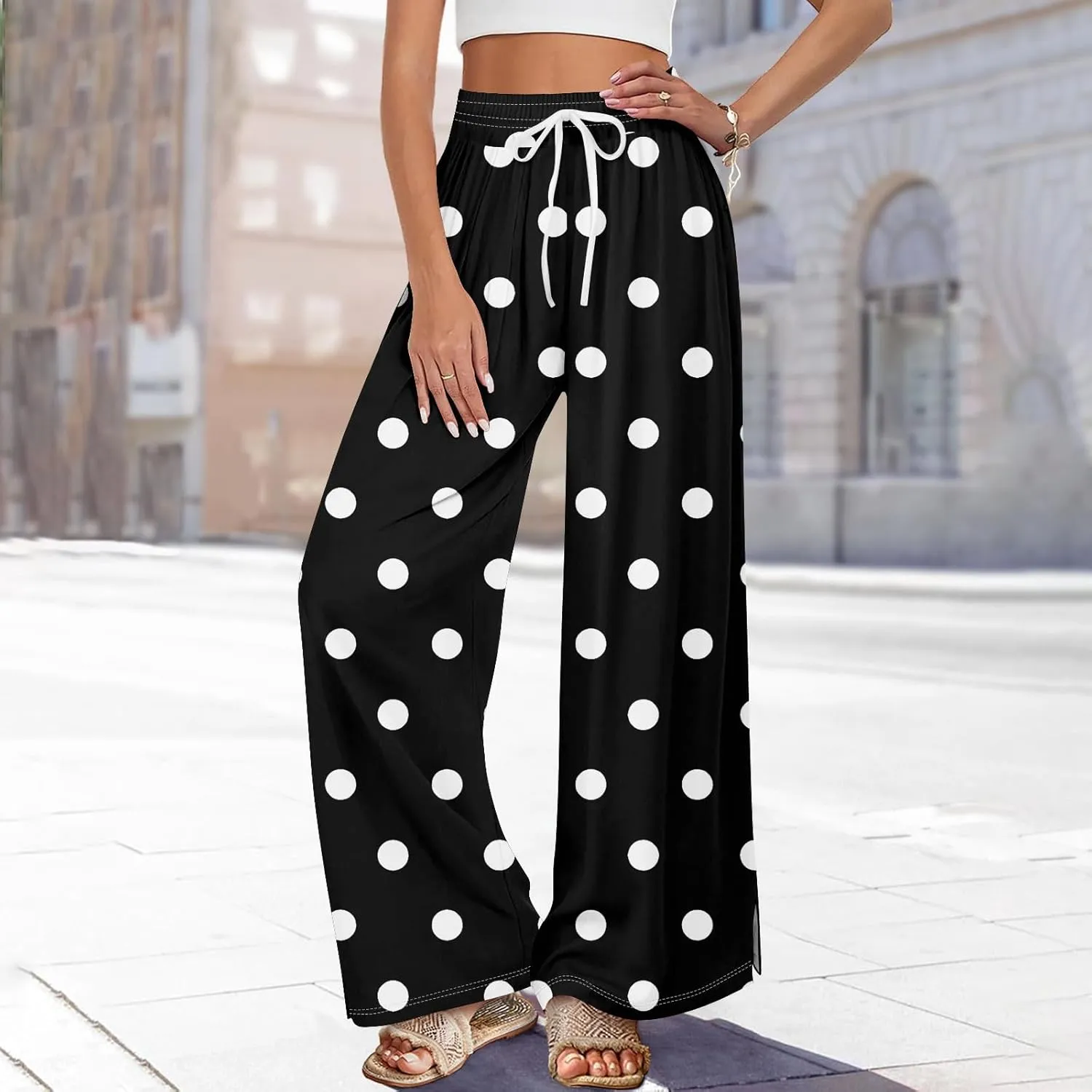 Women Casual High Waist Wide Leg Floral Palazzo Pants Summer Boho Flowy Beach Trousers with Pockets