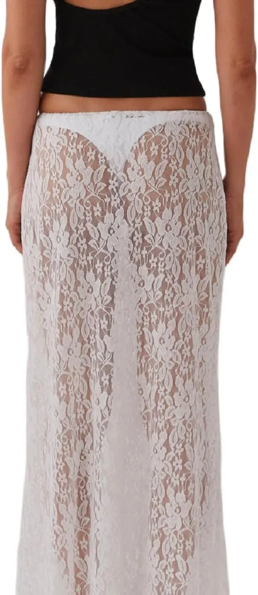 Women Lace Long Skirt Satin High Waist A-line Midi Skirt Y2K Summer Elegant Beach Party Maxi Skirts