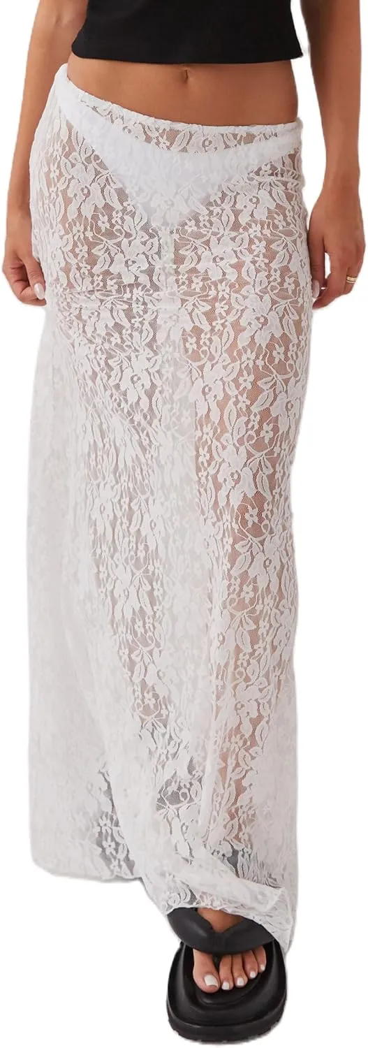 Women Lace Long Skirt Satin High Waist A-line Midi Skirt Y2K Summer Elegant Beach Party Maxi Skirts