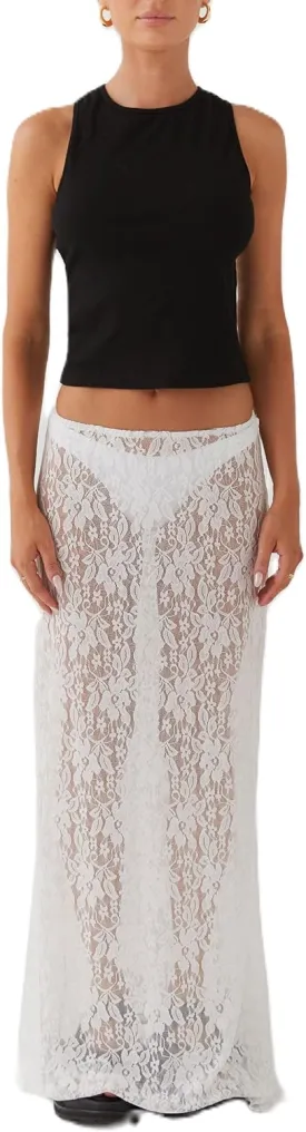 Women Lace Long Skirt Satin High Waist A-line Midi Skirt Y2K Summer Elegant Beach Party Maxi Skirts