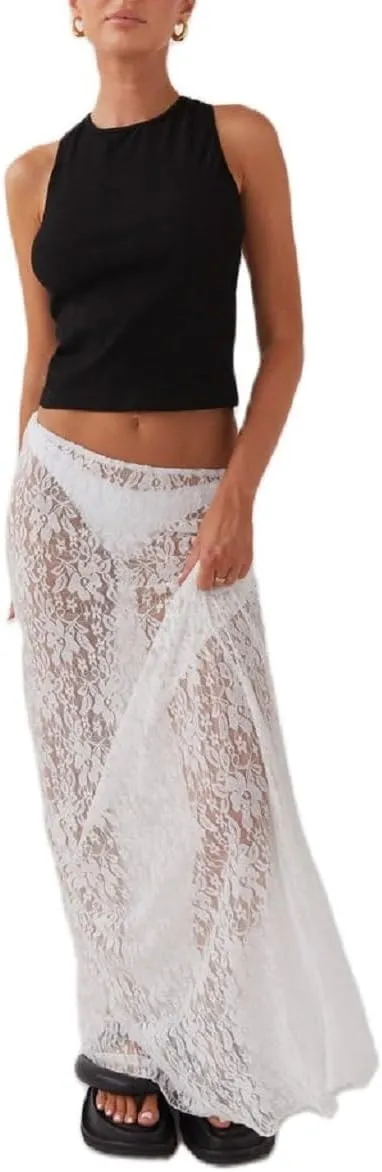 Women Lace Long Skirt Satin High Waist A-line Midi Skirt Y2K Summer Elegant Beach Party Maxi Skirts