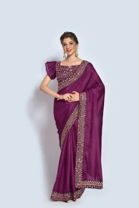 Women Party Wear Designer Purple Colour Vichitra Silk Fabric Plain Saree with Sequence Worked Lace Border