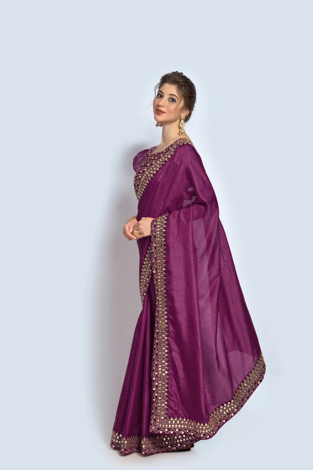 Women Party Wear Designer Purple Colour Vichitra Silk Fabric Plain Saree with Sequence Worked Lace Border
