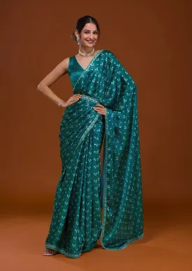 Women Party Wear Designer Sky Blue Colour Satin Fabric Bandhani Printed with Sequence Worked Lace Border