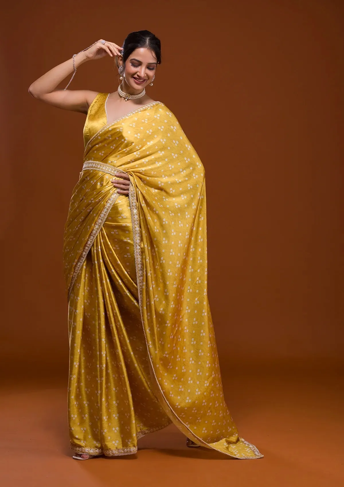 Women Party Wear Designer Yellow Colour Satin Fabric Bandhani Printed with Sequence Worked Lace Border