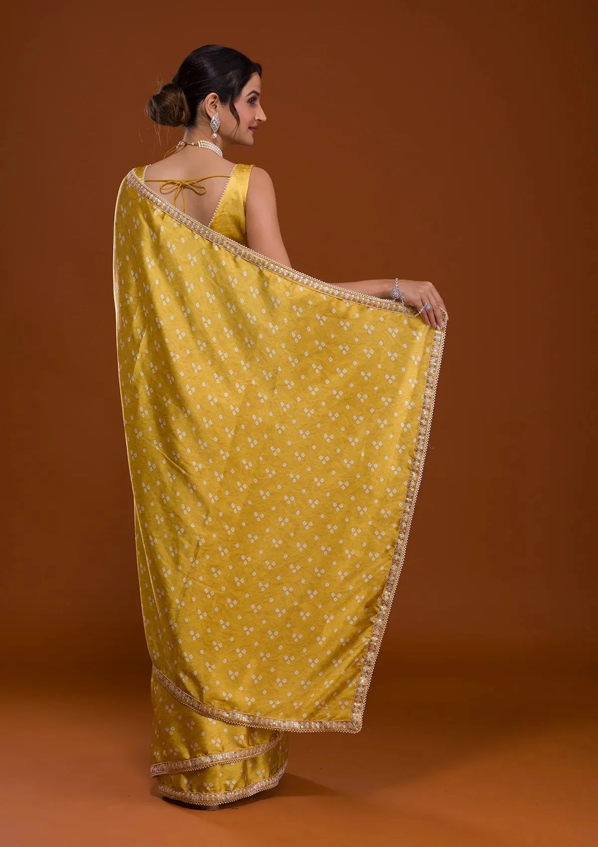 Women Party Wear Designer Yellow Colour Satin Fabric Bandhani Printed with Sequence Worked Lace Border