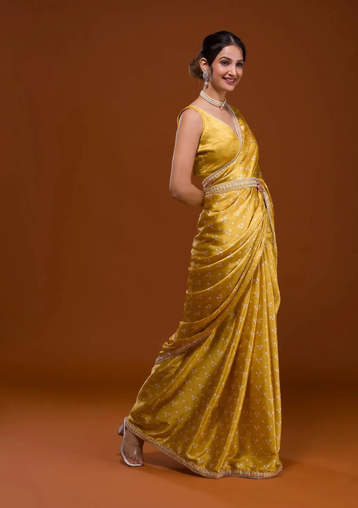 Women Party Wear Designer Yellow Colour Satin Fabric Bandhani Printed with Sequence Worked Lace Border