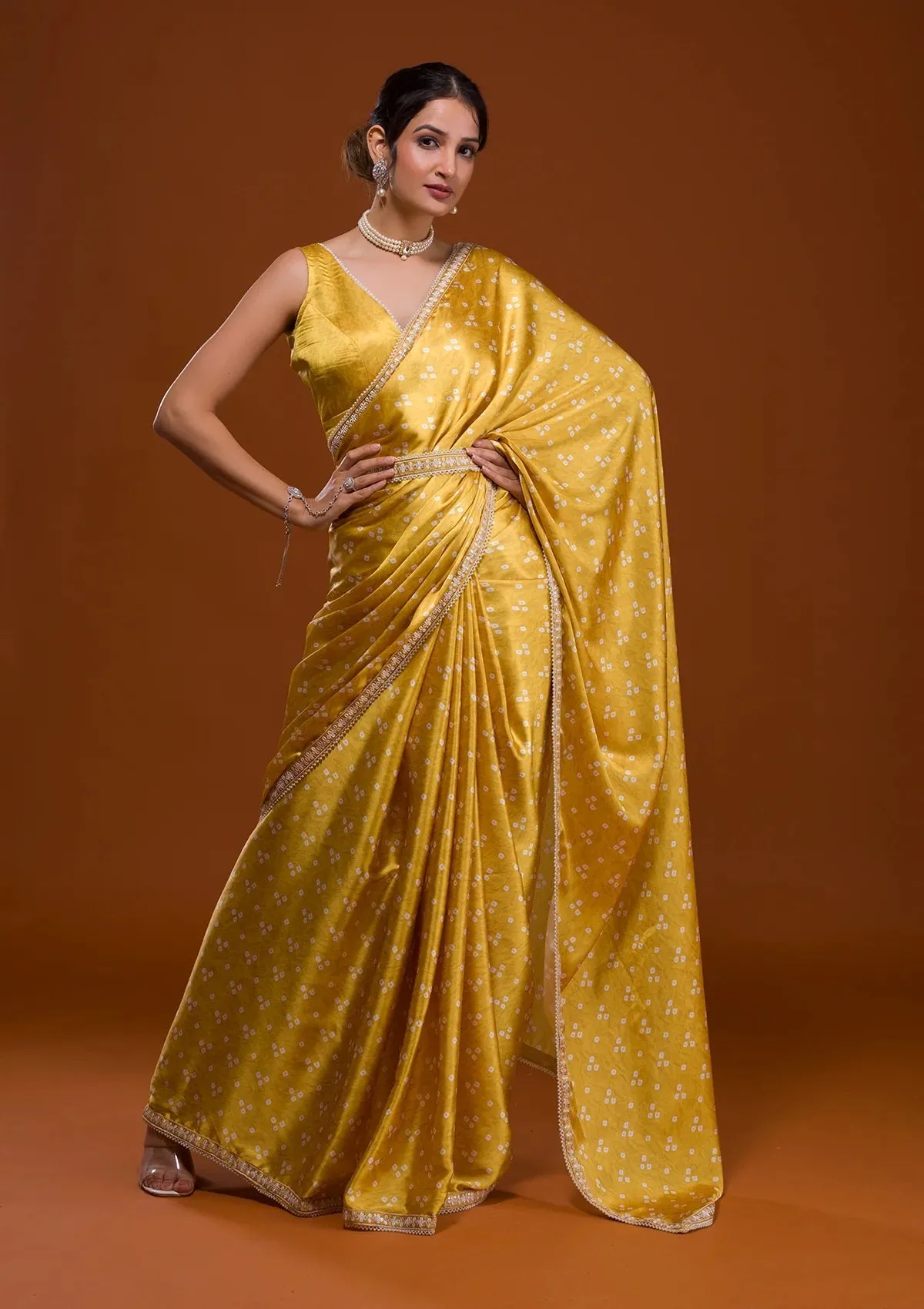 Women Party Wear Designer Yellow Colour Satin Fabric Bandhani Printed with Sequence Worked Lace Border